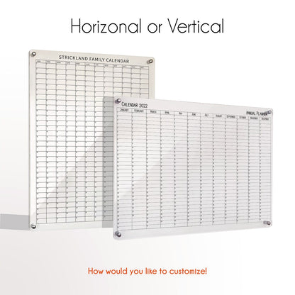 Comparison of horizontal 'Strickland Family Calendar' and vertical 'Annual Planner' acrylic layout options