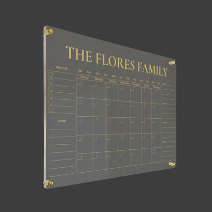 3D render of the personalized family acrylic calendar with grocery list and gold standoff hardware