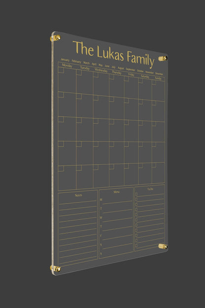 3D render of the personalized family acrylic calendar with notes, menu, and to-do lists, gold standoff hardware