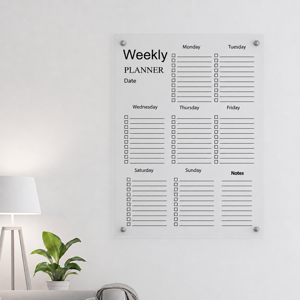 Clear Acrylic Weekly Wall Calendar, Floating Message Board, Planner, Home Office Organizer
