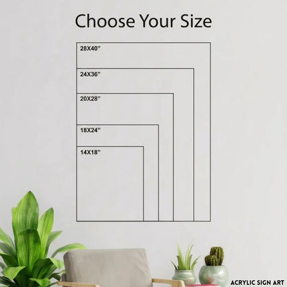 Vertical size comparison chart showing acrylic sign options from 14x18" up to 28x40"