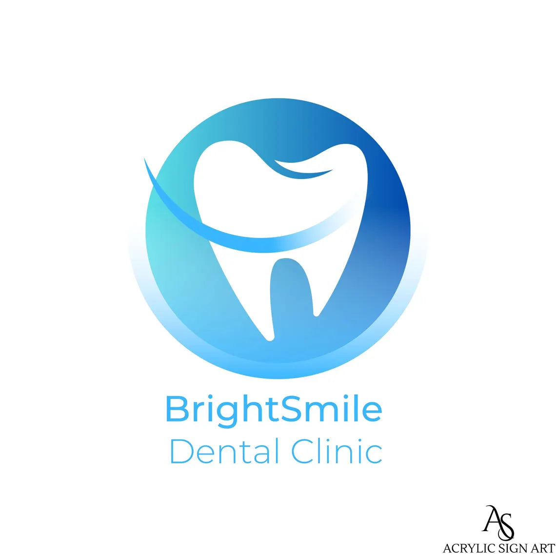 Flat product view of the 'BrightSmile Dental Clinic' logo with a blue gradient tooth icon on white background