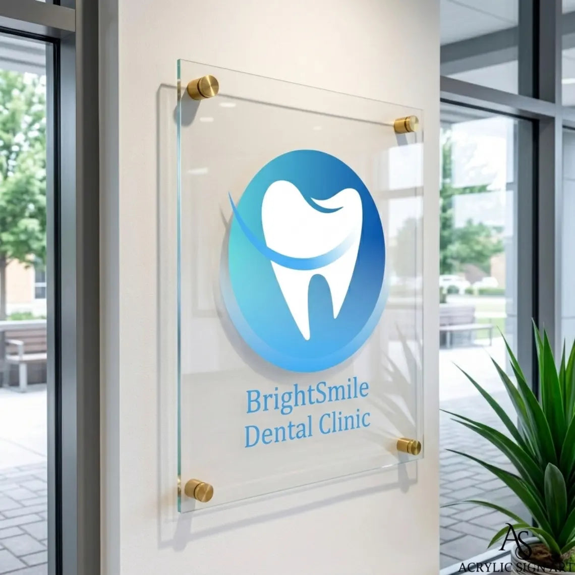 Angled view of the acrylic tooth-logo dental sign showing standoff mounting hardware near an office entrance