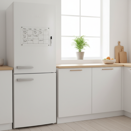 Clear acrylic dry erase board magnetically attached to a white refrigerator in a Scandinavian kitchen, used as a weekly meal planner