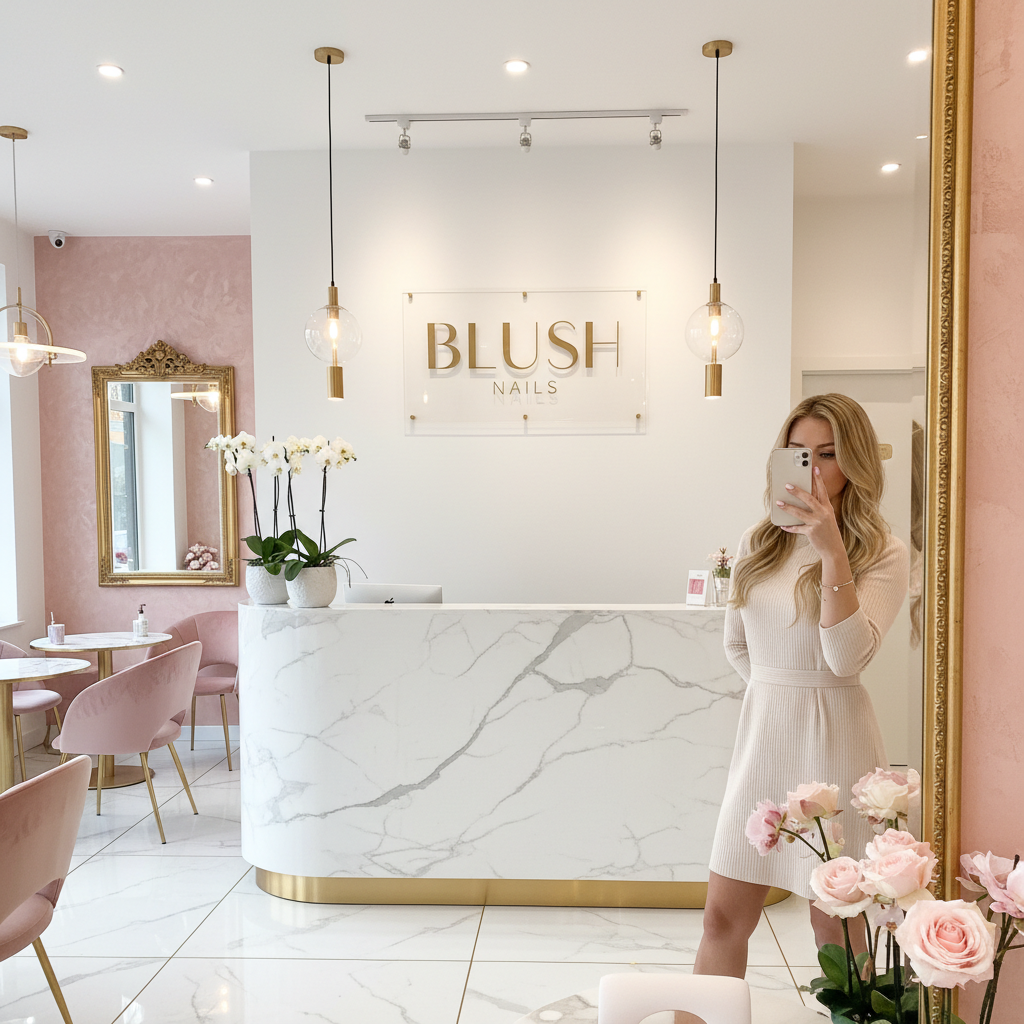 Custom acrylic logo sign mounted on a beauty salon wall, client taking a mirror selfie, luxury nail salon interior